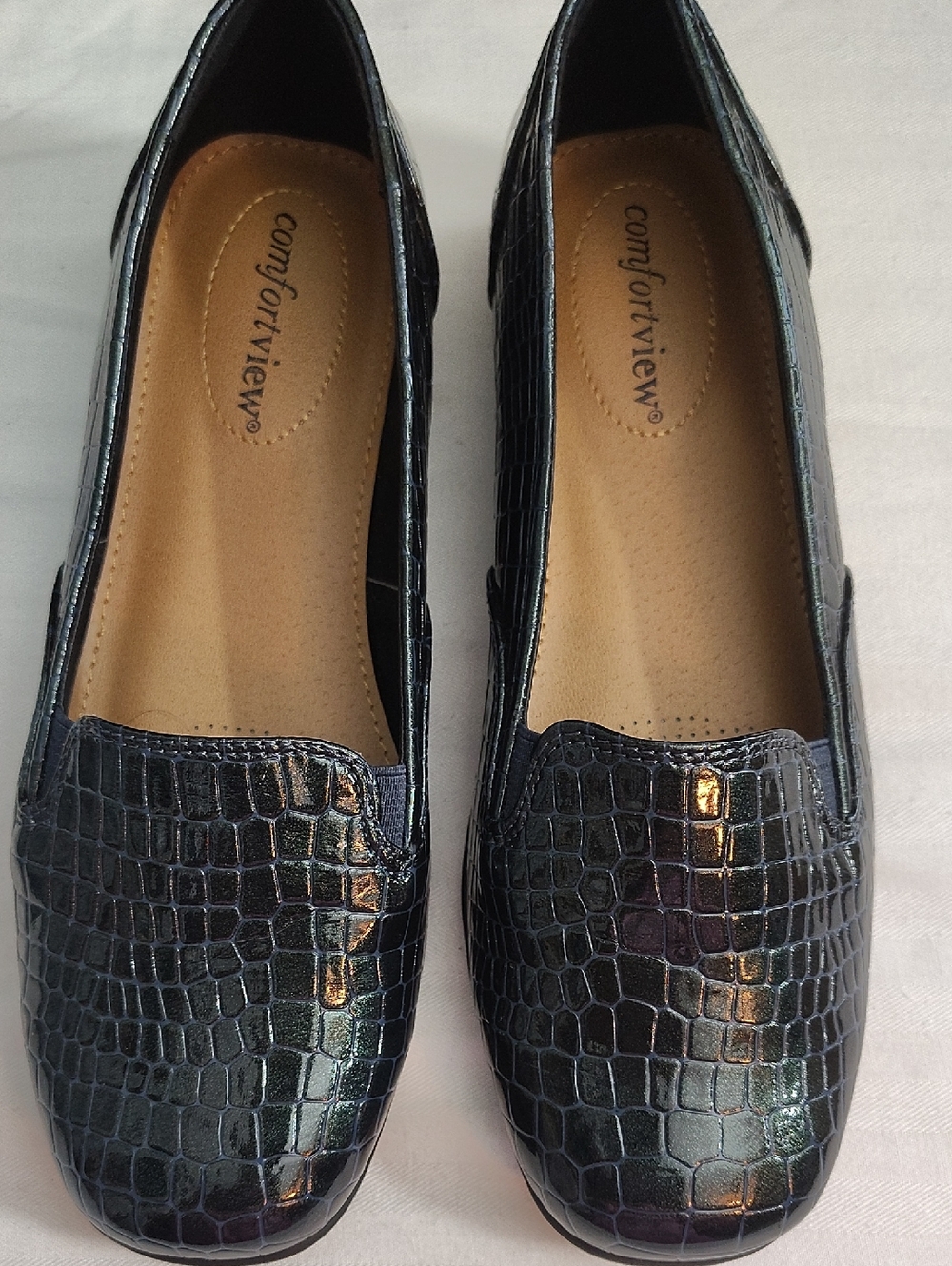 comfortview Iridescent Leisa Slip On Loafers Green Black Croc-Embossed